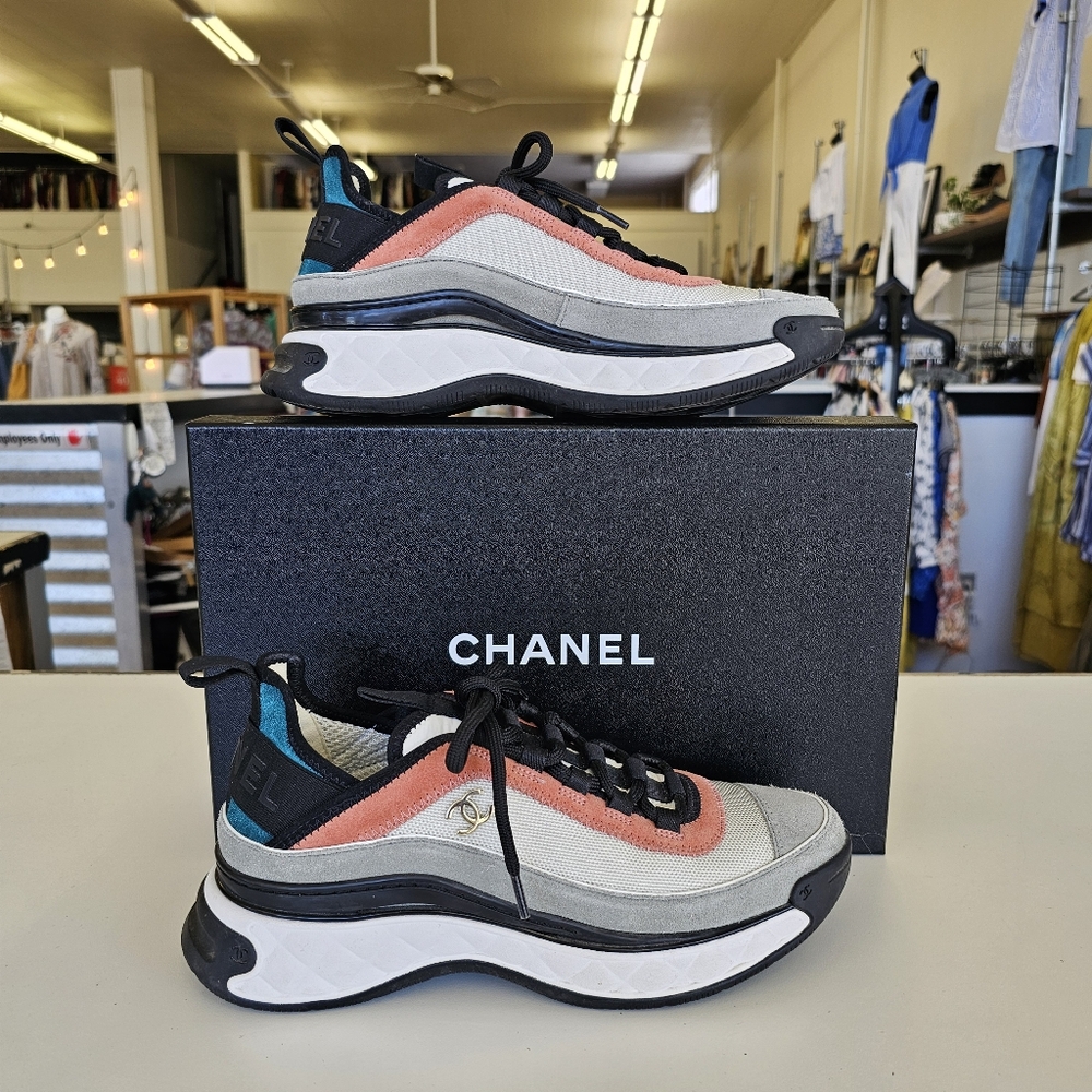 Chanel grey pink multi suede athletic sneakers